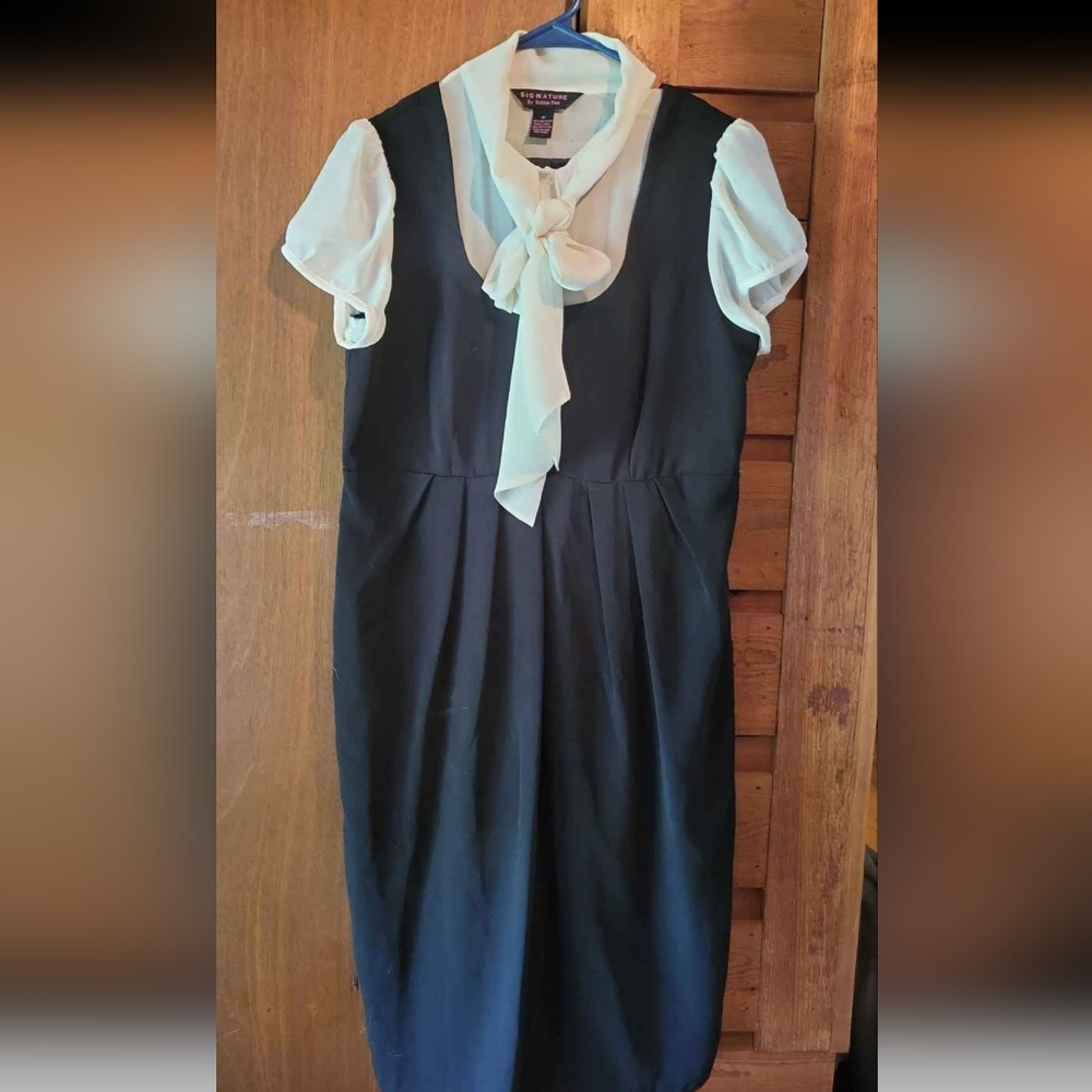 Robbie Bee Blue and White Sheath Dress with Puff Sleeves